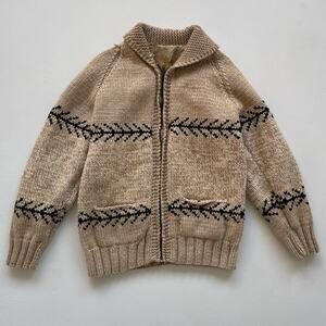 Vtg 60s 70s Beige Chunky Wool Knit Cowichan Sweater / Sz S / Zip Up Jacket READ